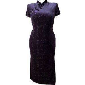Vintage 90s Floral Glitter Print Velvet Cheongsam Evening Maxi Dress Size 8